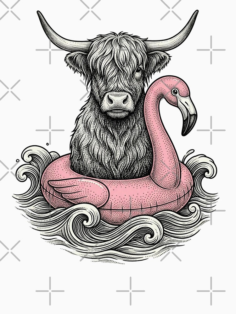 Highland Cow Riding a Pink Flamingo Float | Funny Summer Farm Animal Art by SOUFIANE1991
