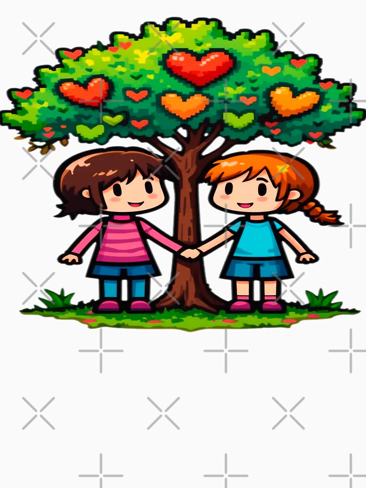 Pixel Love Friendship Under a Heart Tree with Bright Colors and Whimsical Style by KreaDesignOne