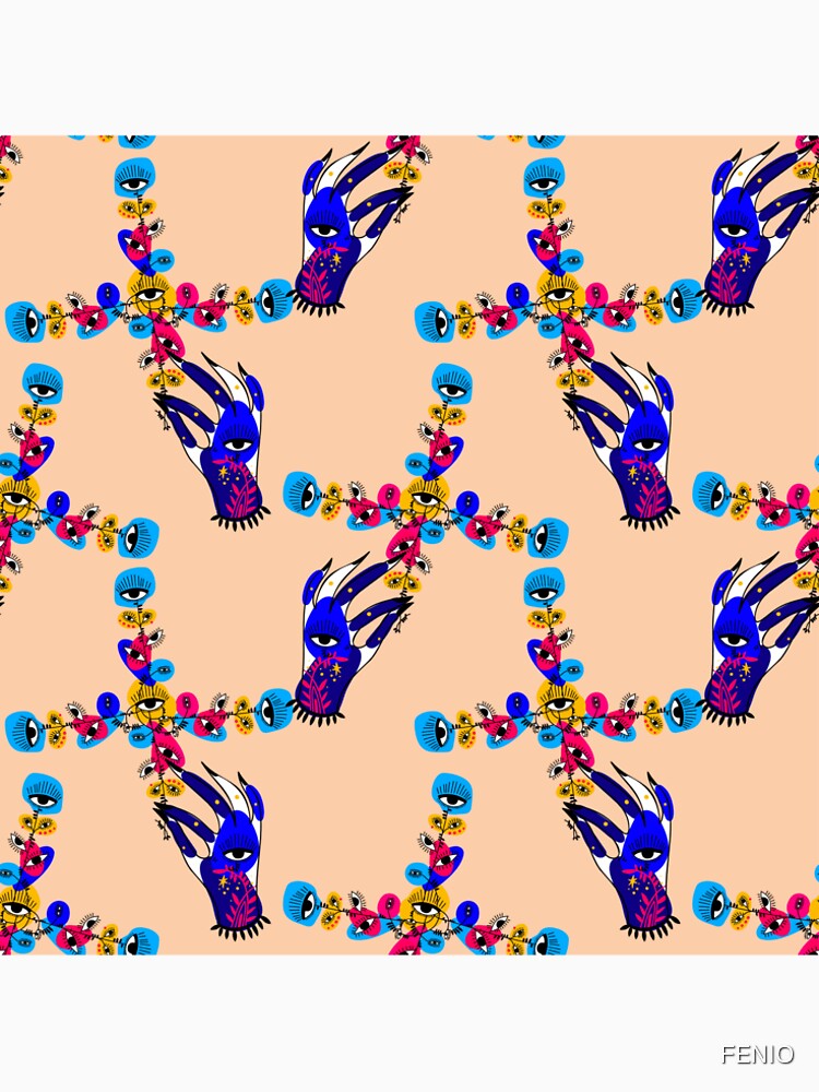 Hand holding psychedelic plant flower with many eyes vivid multicolor seamless pattern. Retro minimalism aesthetic background. by FENIO