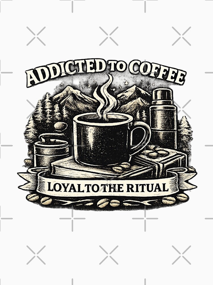 Addicted to Coffee – Loyal to the Ritual | Vintage Camping Coffee Design for light color shirts by NicheCraft Studio