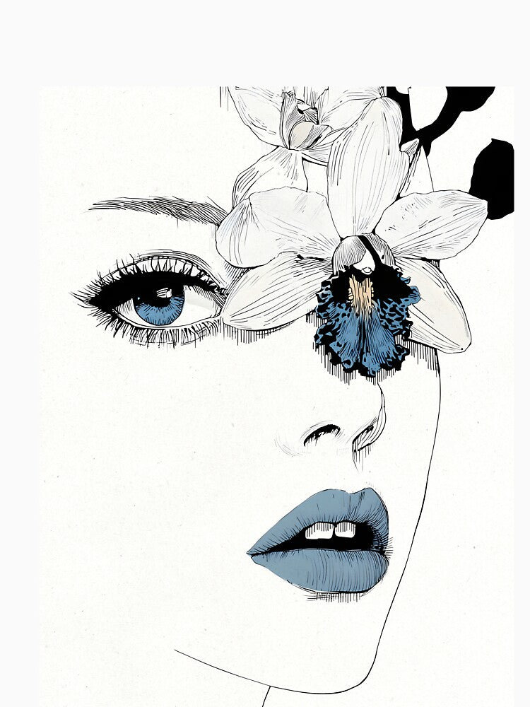 Indigo Orchid Muse | Modern Minimalist Line Art with Blue Lips by FlowNestStudio