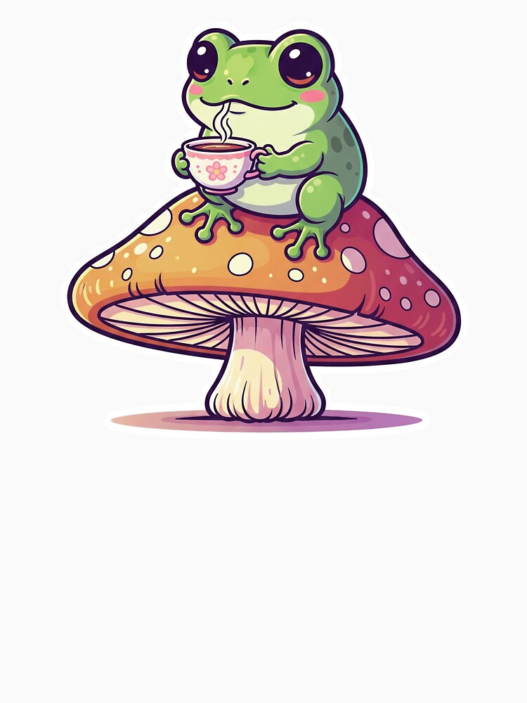 Cute Froggie Sipping Tea on Mushroom Sticker by RACreationz