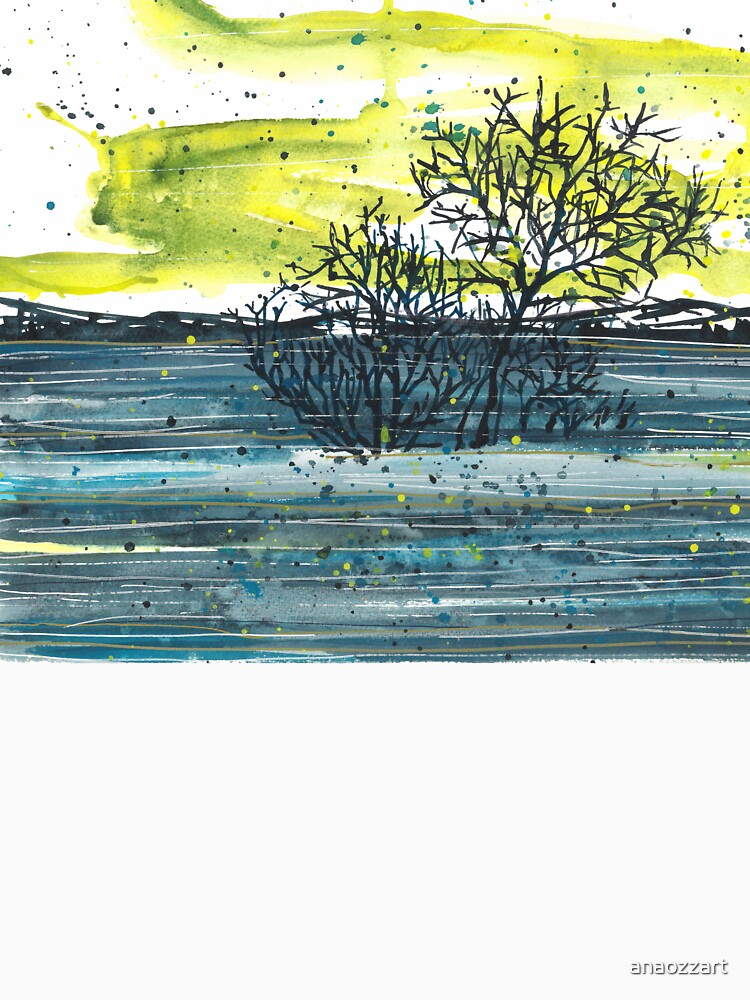 Watercolor blue and yellow landscape, abstract landscape, trees by anaozzart