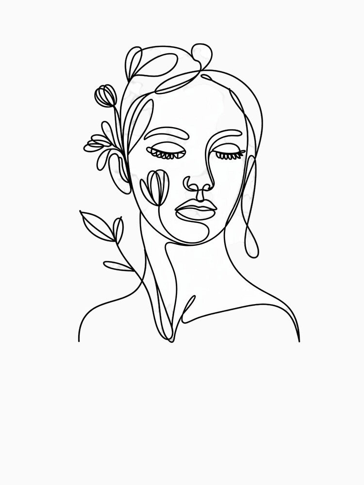 Minimalist One Line Art Woman Face with Flowers – Modern Abstract Floral Portrait Illustration for Wall Art, Stickers, and Aesthetic Decor by Planet Designs