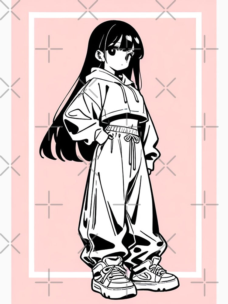 Fashion - Girl in Black Crop Baggy Pants Chunky Sneakers Variant 2 by AnimeShin Unisex , , , Long Sleeve Tee