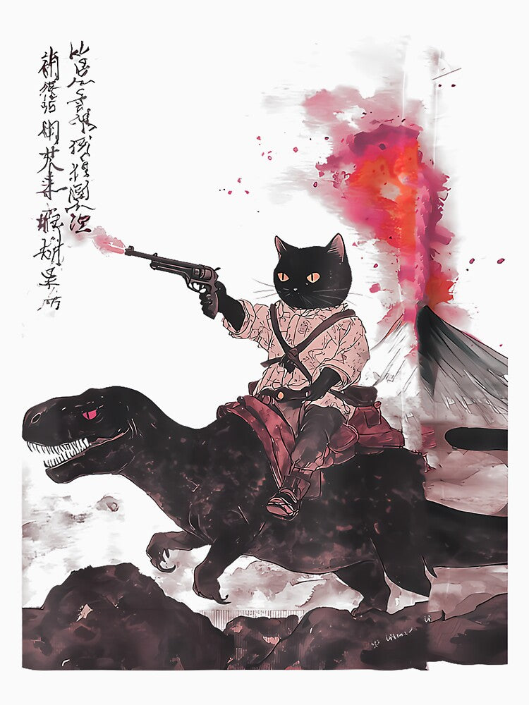 retro calligraphy cat dinosaur volcanic eruption by shannonanne18