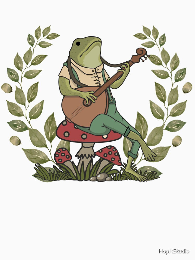Cute frog cottagecore aesthetic. Frog playing a banjo sitting on a mushroom by HopItStudio