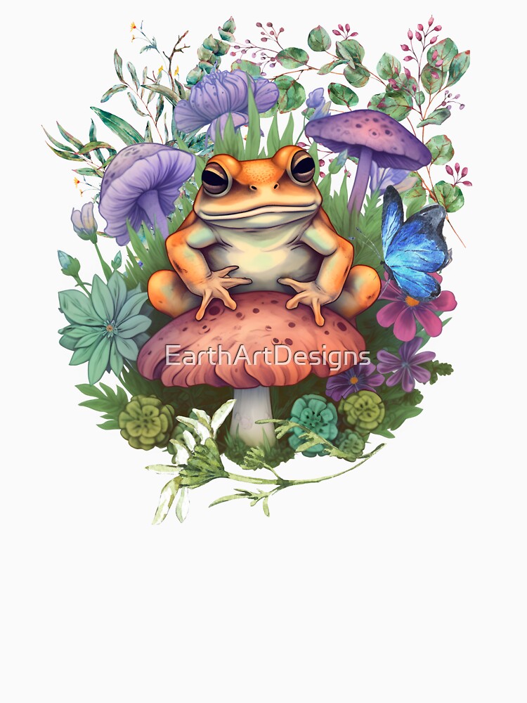 Cottagecore Frog On Mushroom Cute Colorful Design by EarthArtDesigns