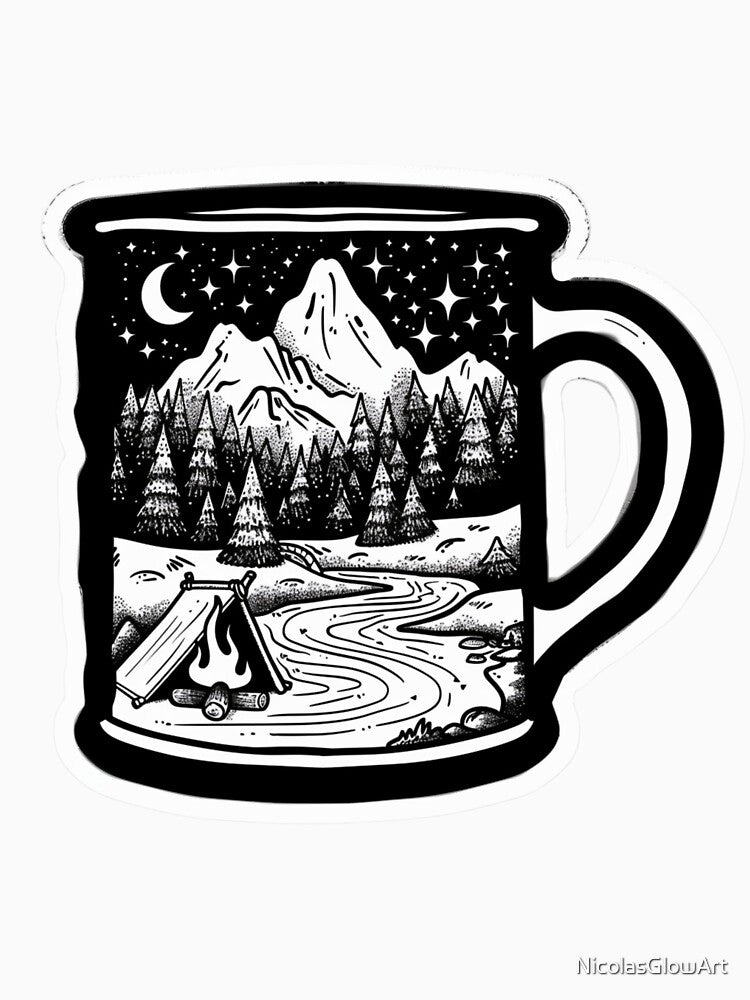 Outdoor Camping Mug Sticker by NicolasGlowArt