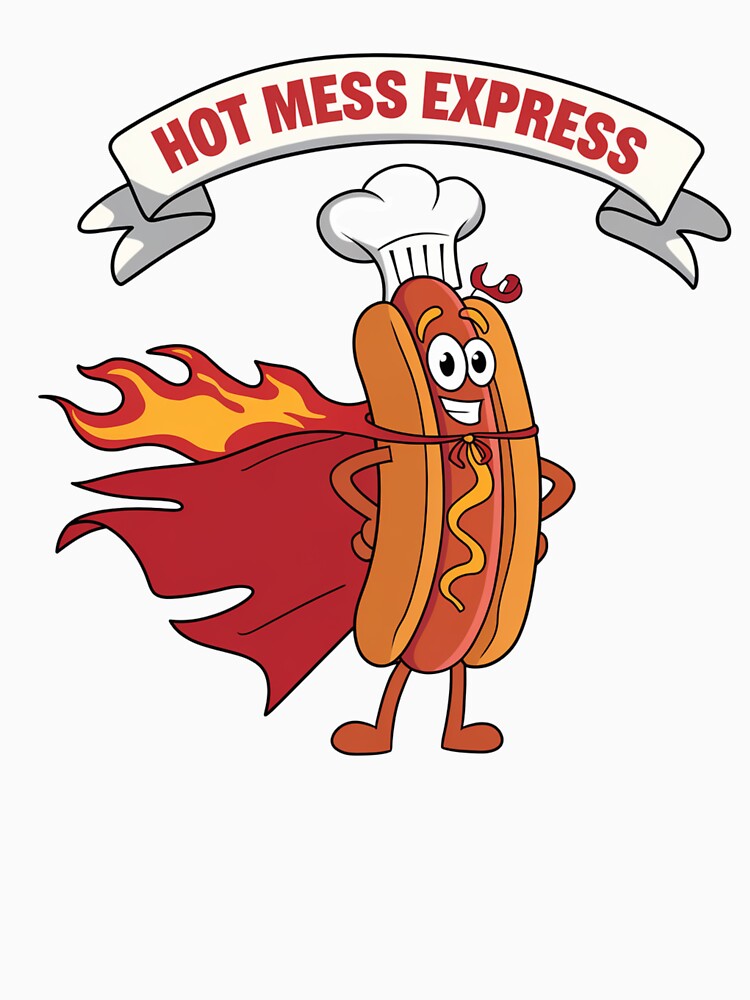 Funny Hot Mess Express Chef Hat Flaming Hot Dog Cartoon Design by badburropress