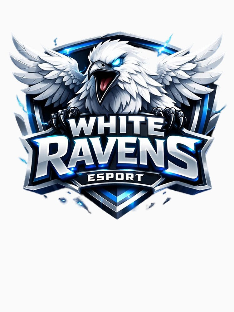 White Ravens Esport — Premium Gaming Team Logo | Fierce Raven Shield Badge Design | Esports Mascot Graphic for Streamers & Gamers by SketchSyndicate