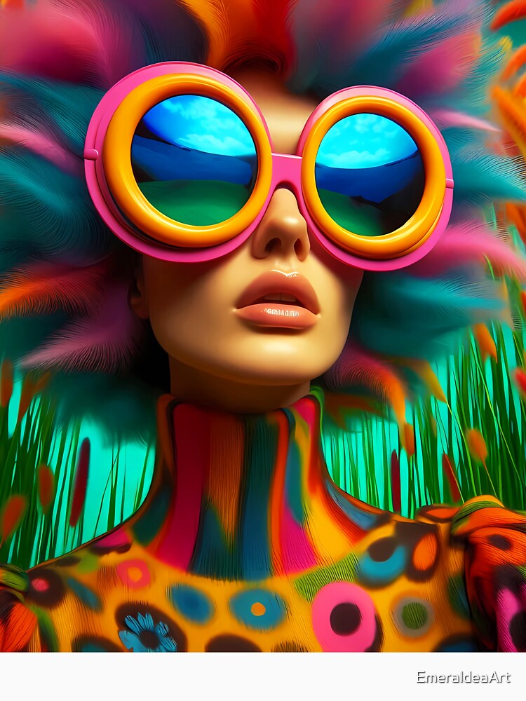 Retro Crazy Oversized colorful retro glasses on a woman and has colorful grassy hair surreal abstract portrait by EmeraldeaArt
