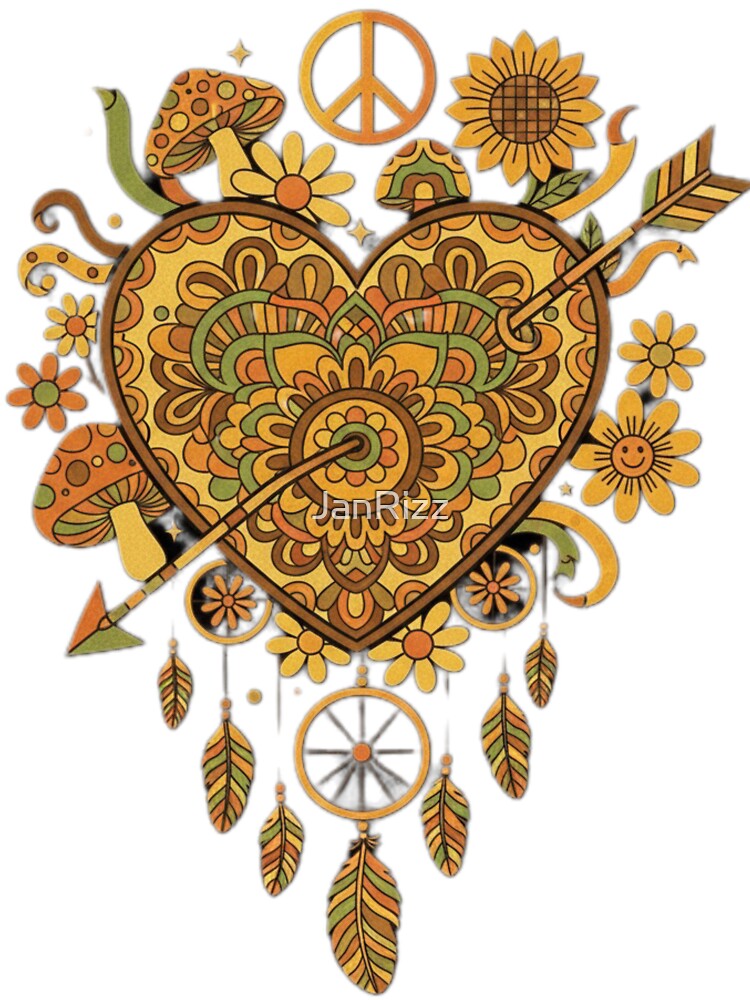 Groovy Peace and Love Heart Mandala with Retro 70s Vibes by JanRizz