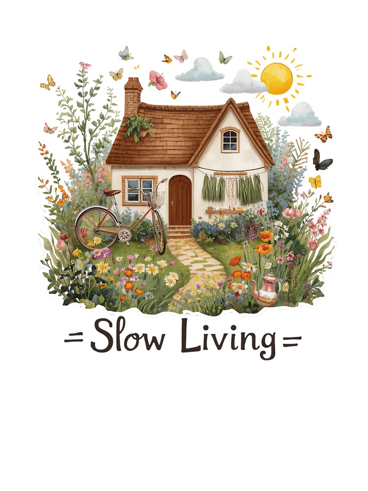 Slow Living | Whimsical Cottagecore Cottage Botanical Illustration by catcurio