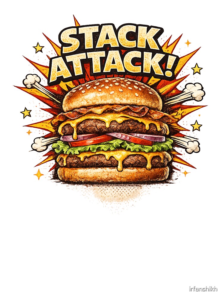 Stack Attack: Comic Book Burger Double Patty Bold Typography Art by irfanshikh