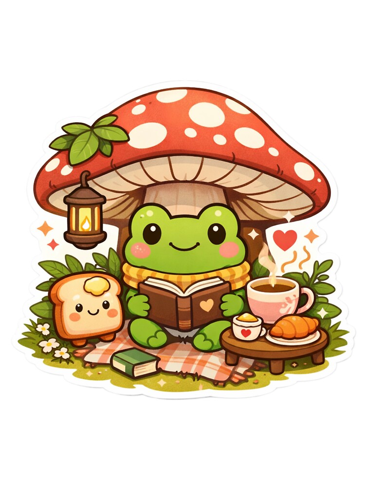 Cozy Frog Under Mushroom Sticker - Cute Cottagecore Reading Frog by FluffiPopo