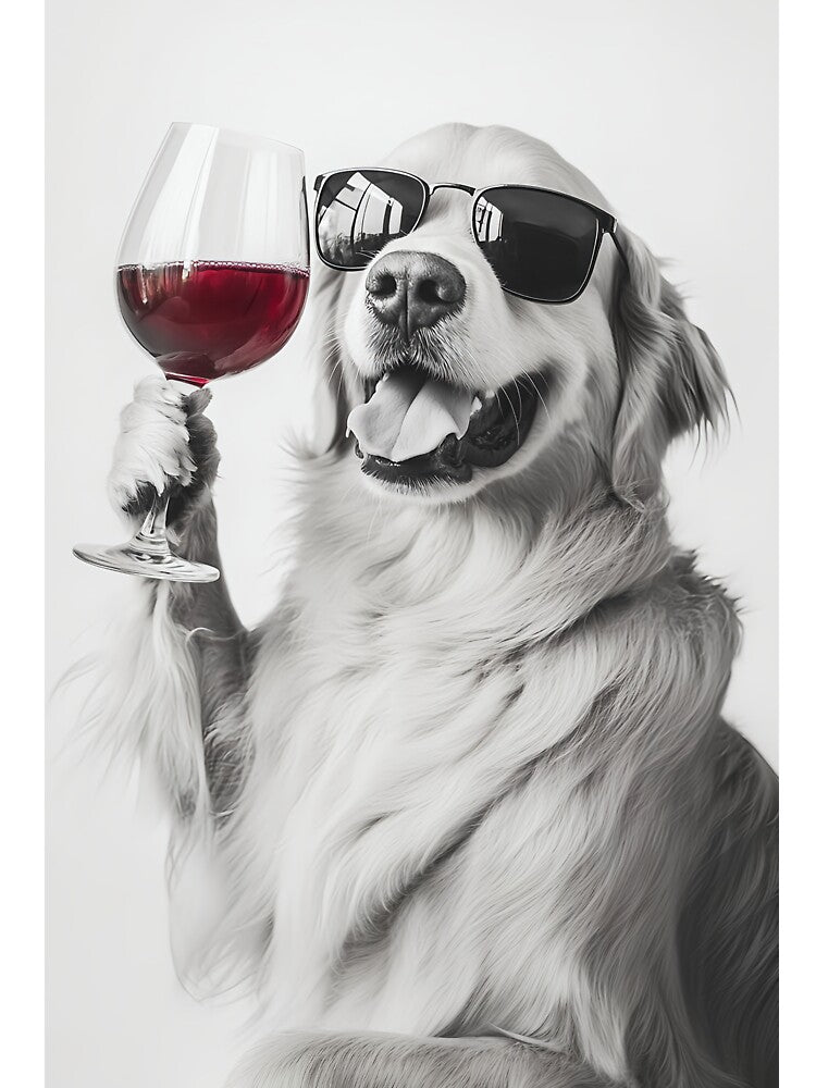 Golden Retriever Dog Drinking Red Wine & Wearing Sunglasses by CheekyAnimalz