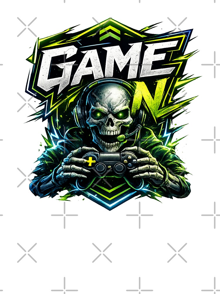 GAME ON Skeleton Gamer Sticker | Neon Esports Skull Gaming Design by Nusha Creations