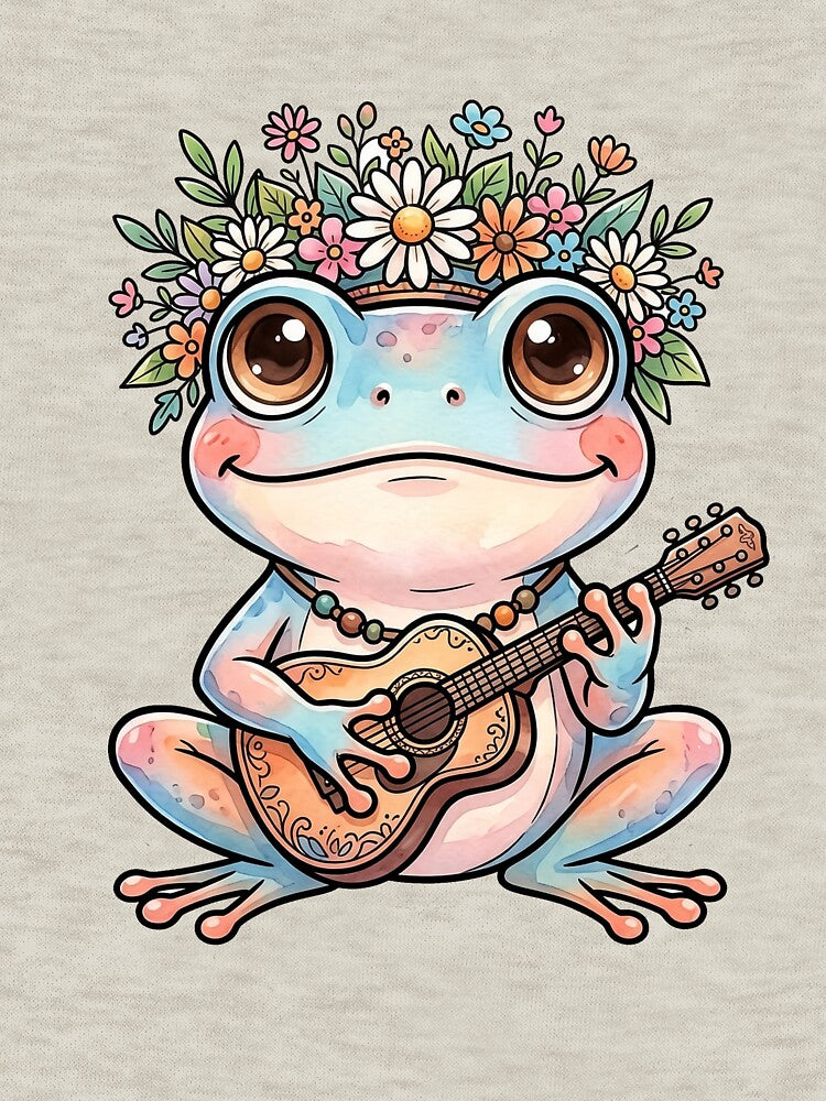 Cute Frog Playing Ukulele Floral Crown Kawaii Cottagecore Sticker by NeonKawaiiCo