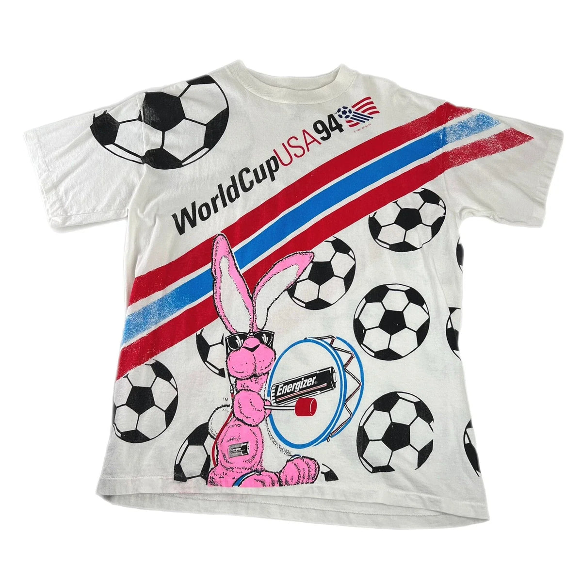 Vintage 1994 World Cup Soccer All Over Print Energizer Bunny Double Sided XL Unisex , , , Long Sleeve Tee