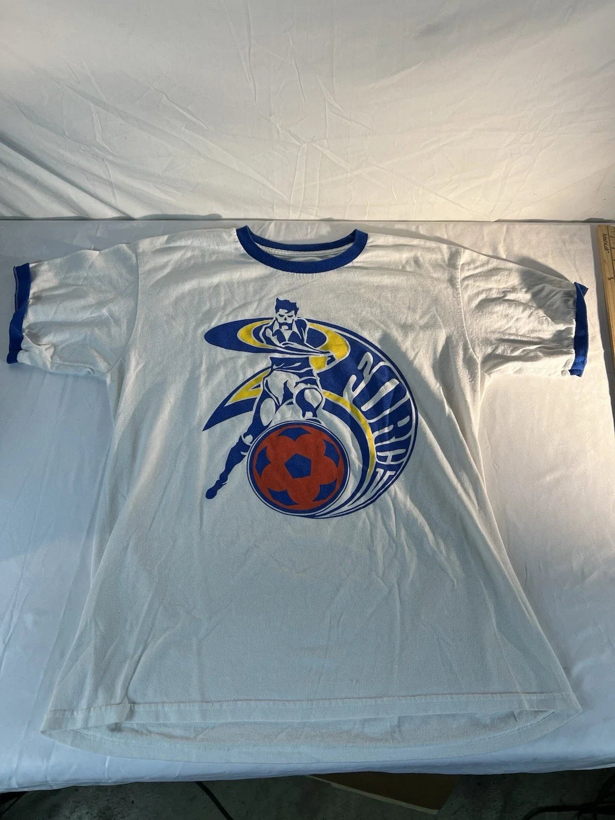 Vintage Ringer style Soccer t shirt blue and yellow Cleveland Force .. Large Unisex , , , Long Sleeve Tee