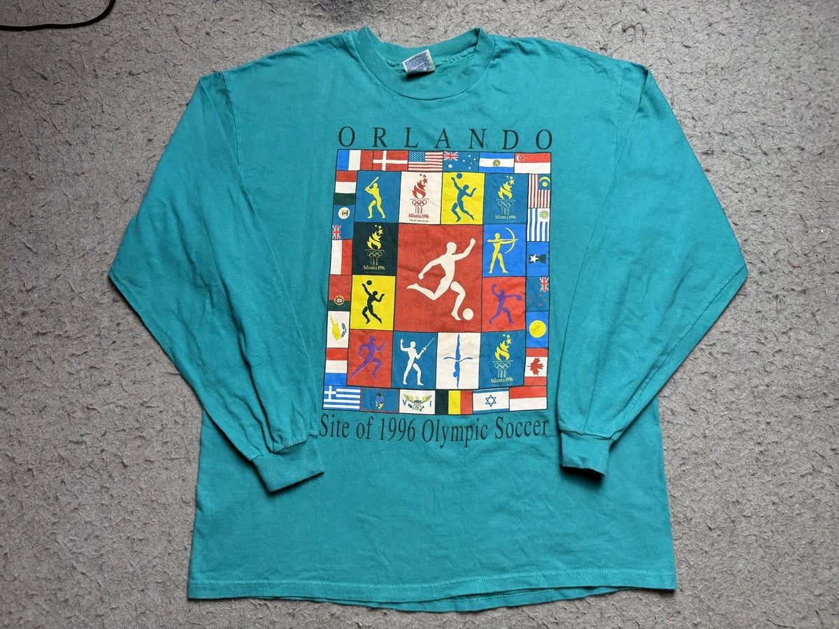 Vintage Hanes Orlando Shirt Mens XL Green Site Of 1996 Olympic Soccer Tee Unisex , , , Long Sleeve Tee