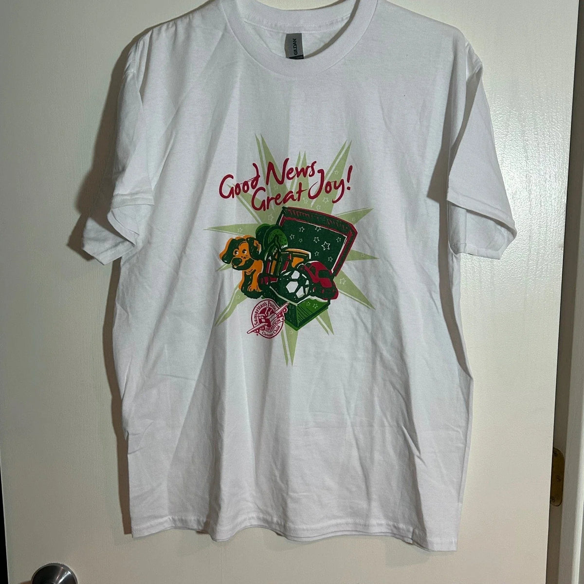 Gildan Operation Christmas Child T Shirt Good News Great Joy Soccer Ball Tee L Unisex , , , Long Sleeve Tee