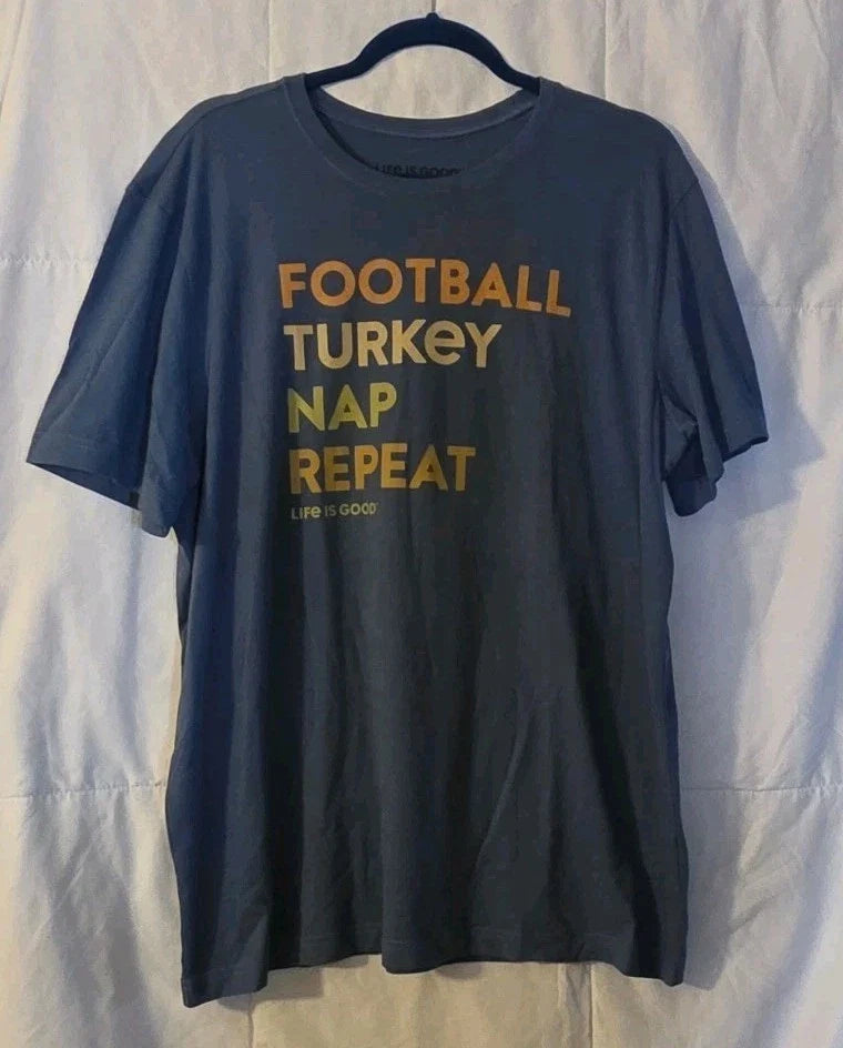 Life is Good Men's L Blue Football Turkey Nap Repeat Short Sleeve NEW Unisex , , , Long Sleeve Tee