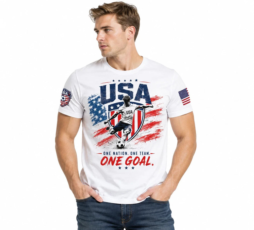 USA Soccer Fan T Shirt Men Patriotic American Flag Softstyle 100% Cotton Unisex , , , Long Sleeve Tee