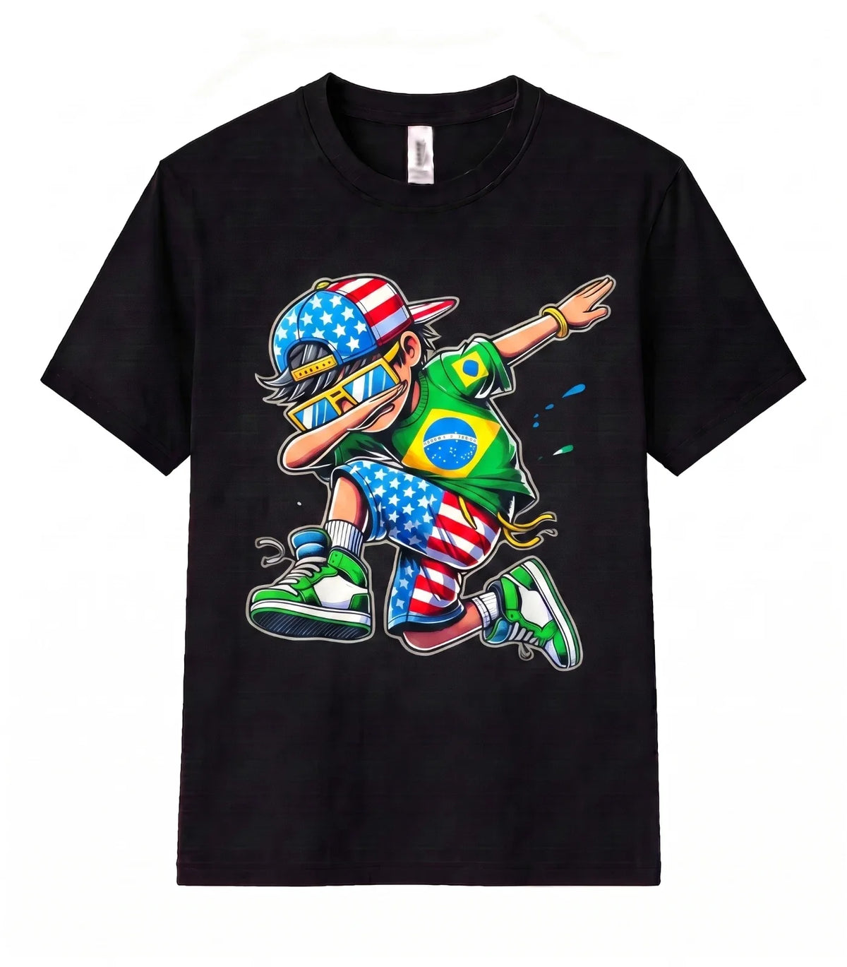 Brazil Flag USA Flag Graphic T Shirt Dabbing Soccer Patriotic Football Fan Gift Unisex , , , Long Sleeve Tee