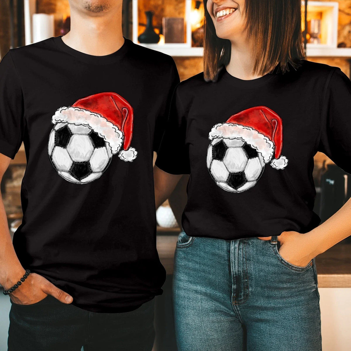 Christmas Football Soccer Ball Santa Hat Matching Couple Shirt Xmas Gift T-5299 Unisex , , , Long Sleeve Tee