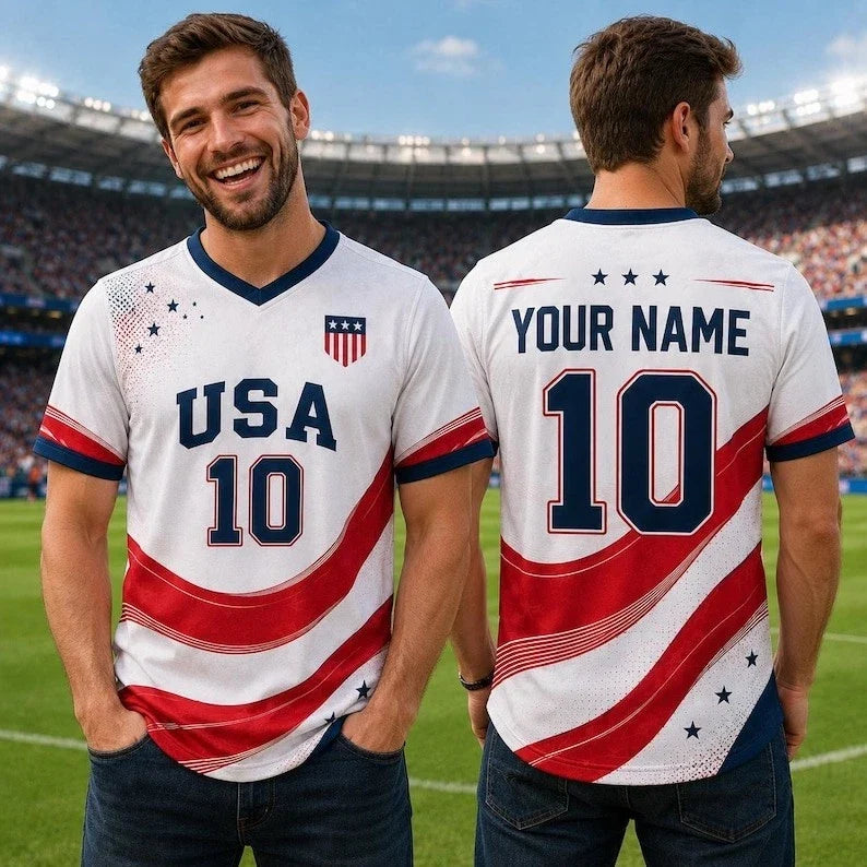 Personalized USA Soccer Jersey, Game Day Outfit, Custom Name Number Football Fan Unisex , , , Long Sleeve Tee