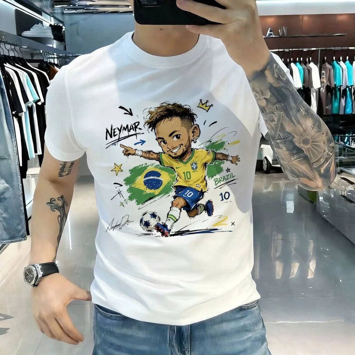 Neymar Brazil Soccer Graphic Cartoon Football Fan Unisex White Tee Unisex , , , Long Sleeve Tee