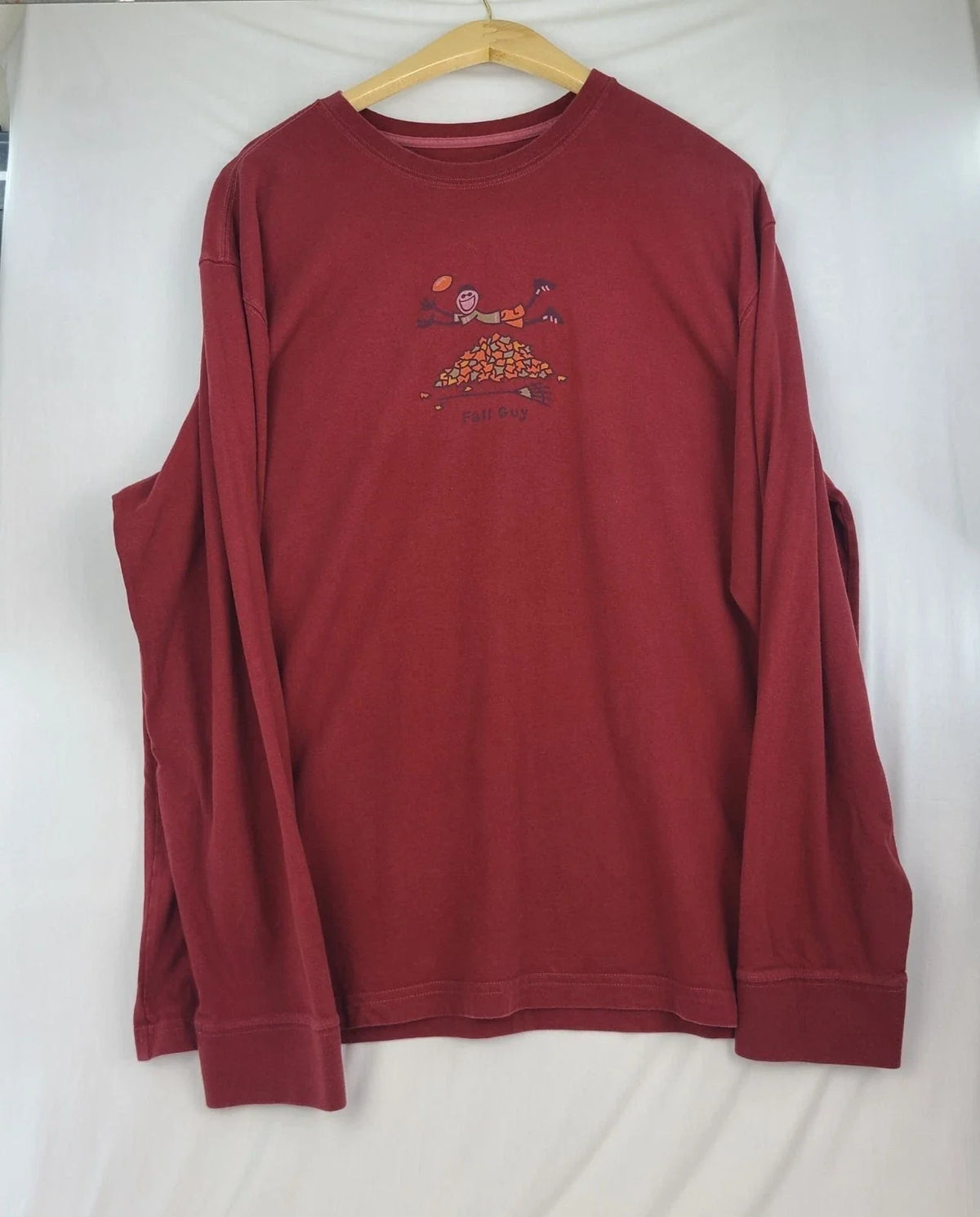Life is Good Red Maroon Long Sleeve Fall Guy Leaves Football Men XL Unisex , , , Long Sleeve Tee