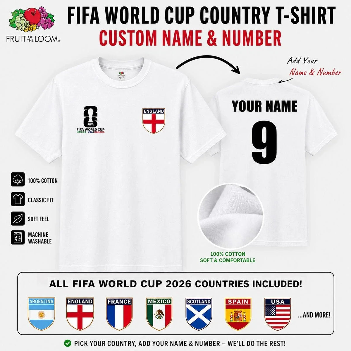 Personalised World Cup 2026 Country Football Mens Kids England Team Tee Unisex , , , Long Sleeve Tee
