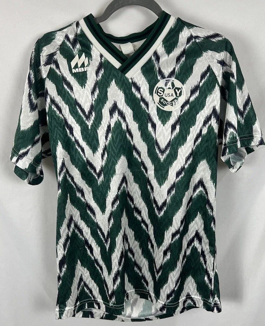 VINTAGE V Neck Soccer Jersey MBF USA #5 Green White Medium SAY ~MUST SEE~ Unisex , , , Long Sleeve Tee