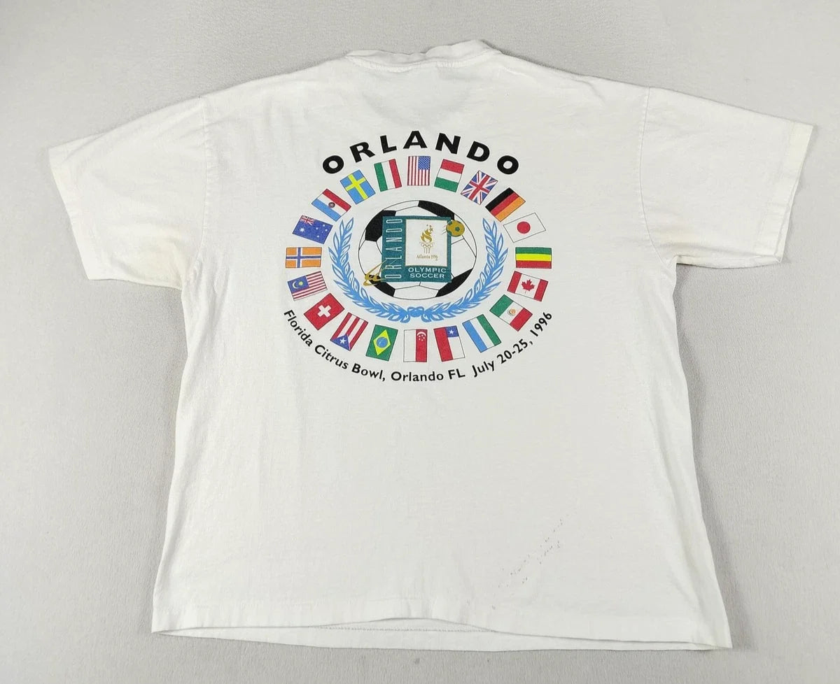 Vintage Hanes Shirt Mens XL White Orlando Olympic Soccer Flags 1996 Graphic Unisex , , , Long Sleeve Tee