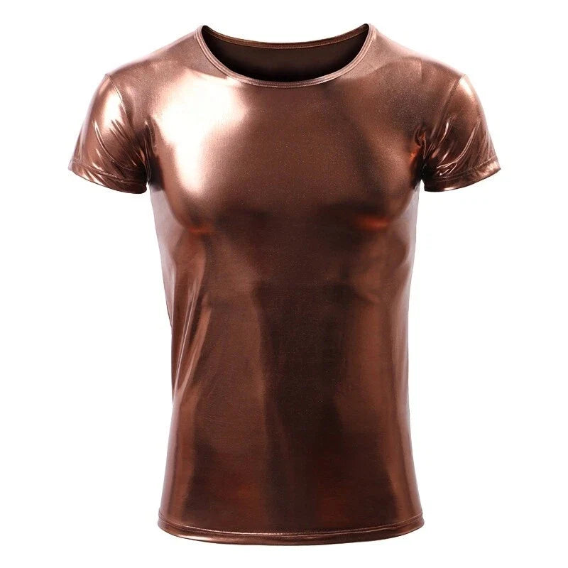 Men's Faux Leather Tops Shiny Metallic Wet Look Fitted Stage Club Wear Unisex , , , Long Sleeve Tee