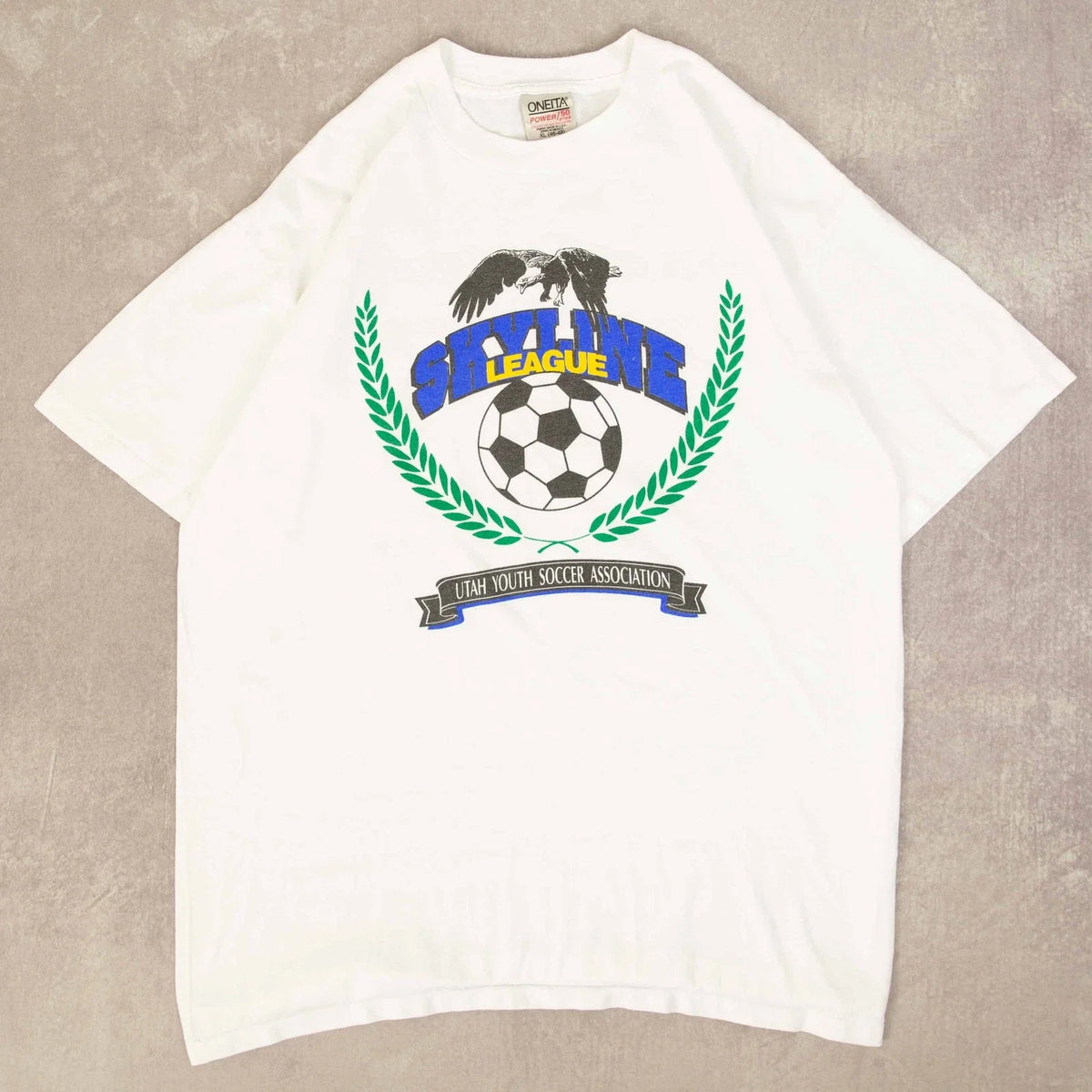 Oneita Vintage 90s Skyline League Soccer Graphic XL Mens White Unisex , , , Long Sleeve Tee