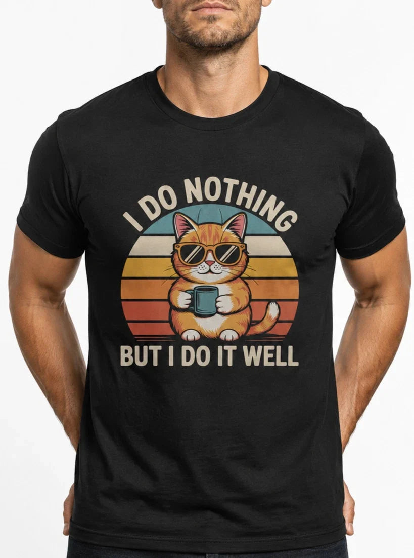 Funny Cat Lazy Cat Coffee Shirt Retro Sunset Graphic Tee Unisex Gift Unisex , , , Long Sleeve Tee
