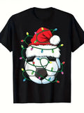 Boys' Black Soccer Football Christmas Lights with Santa & Goalpost Print Unisex , , , Long Sleeve Tee