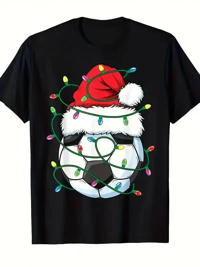 Boys' Black Soccer Football Christmas Lights with Santa & Goalpost Print Unisex , , , Long Sleeve Tee