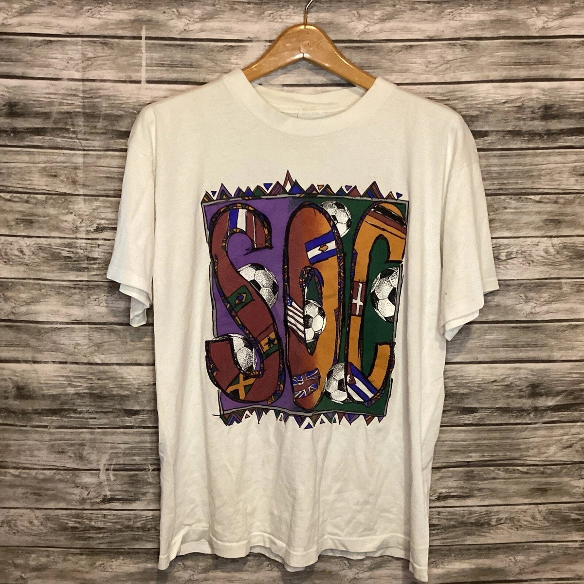 Vintage Soccer Shirt Mens Large White Graphic Tee AOP CYRK Sport 80s 90s Unisex , , , Long Sleeve Tee