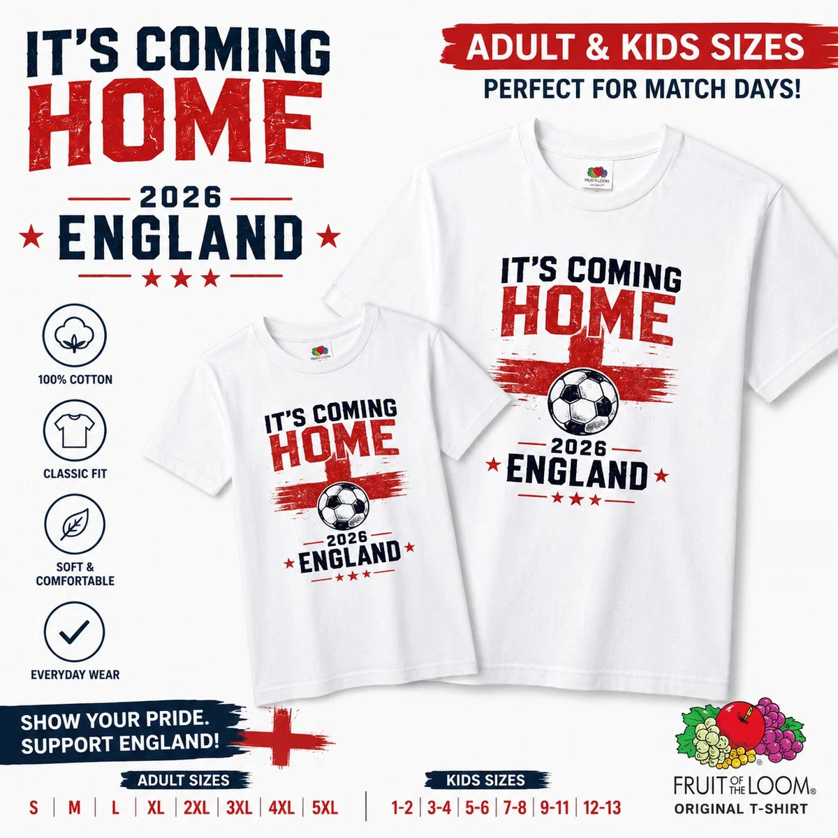 It's Coming Home 2026 England Football World Cup T Shirt Adult Kids White Unisex , , , Long Sleeve Tee