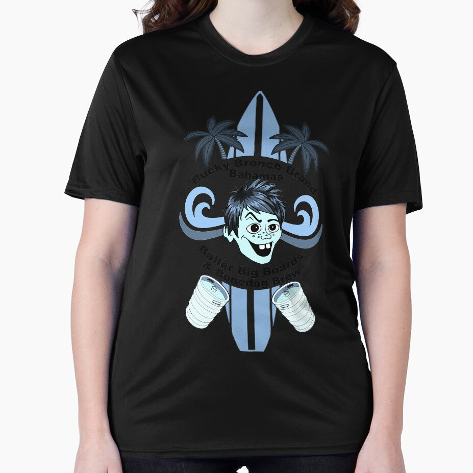 Blue Bucky Bronco Brand Bahamas Baller Big Boards & Bonedog Brew Funny Novelty T-Shirt by Captain Jack's Pirate Hats