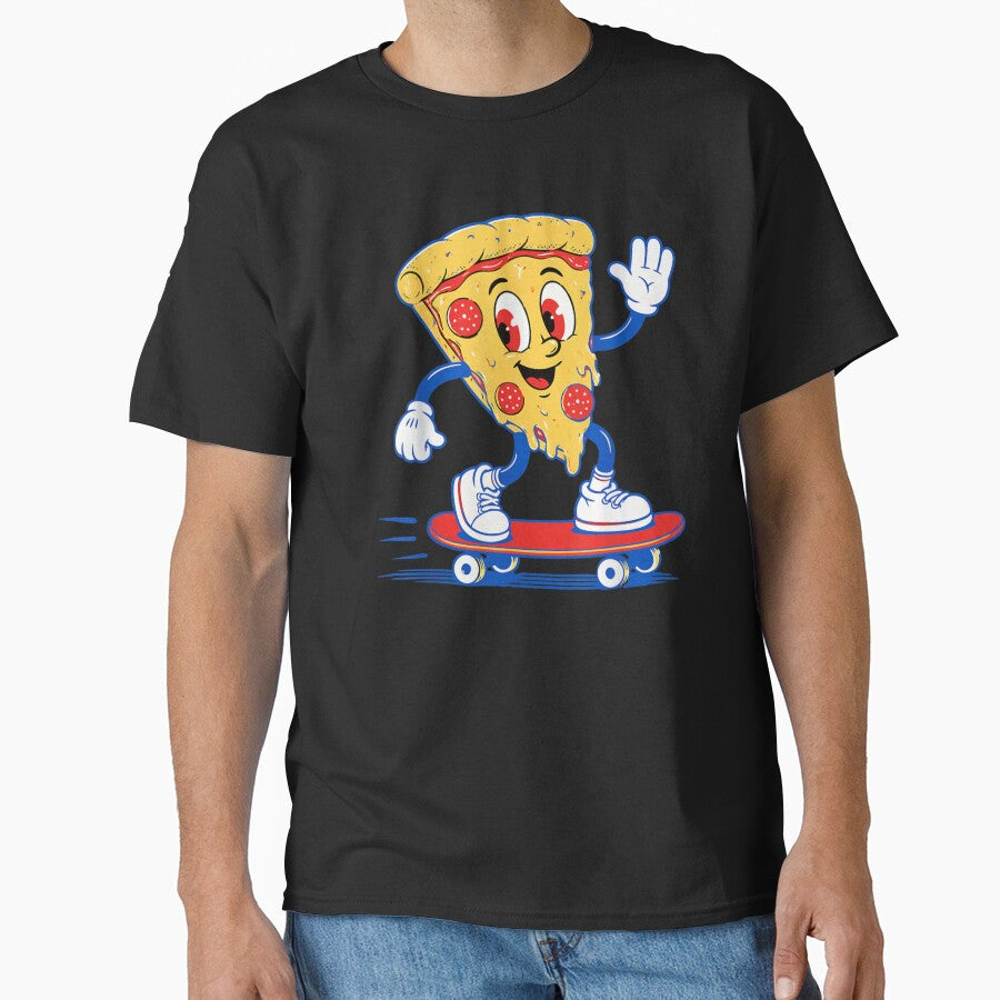 Vintage Rubber Hose Cartoon Pizza Slice Riding Skateboard Fun Food Art by EricCotanori