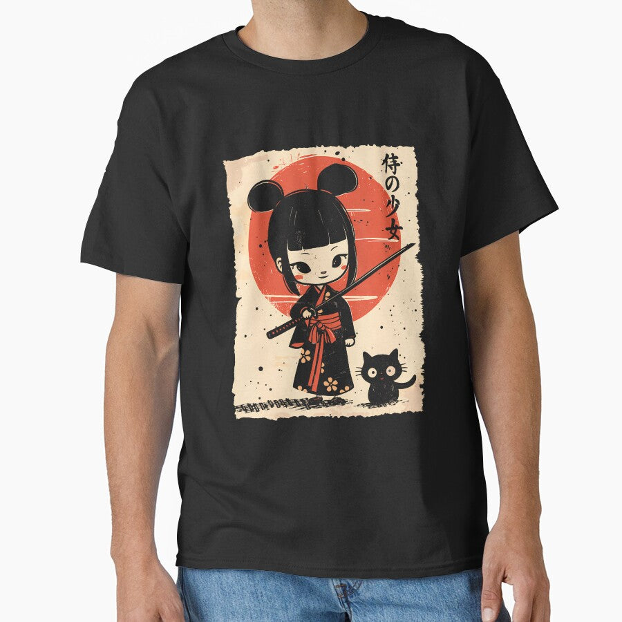 Cute Kawaii Samurai Girl With Katana  Cat Japanese Anime T-Shirt (2) by GabrielaPeterse