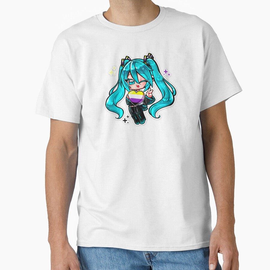 Chibi Hatsune Miku - Non binary flag LGBTQ+ Pride T-Shirt | Cute Anime Vocaloid Pride Heart Shirt | Kawaii Pastel Pride Tee, Unisex Graphic T-Shirt by DominiiArt