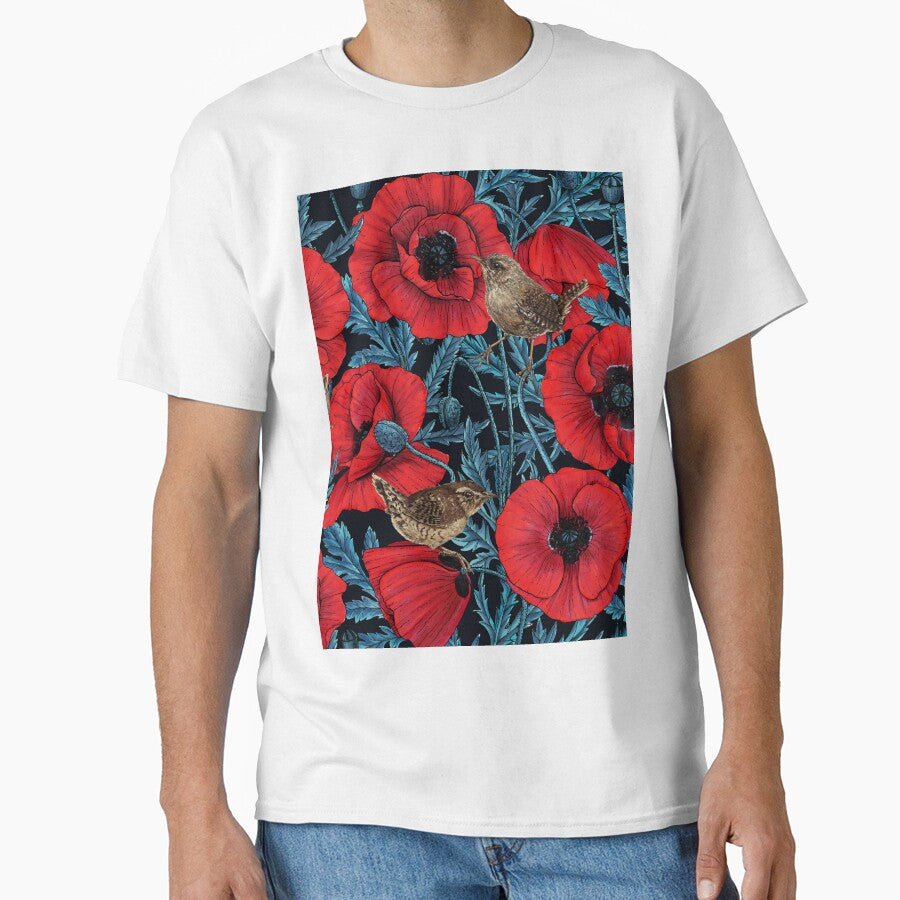 Red poppies and wrens, blue leaves on black by Katerina Mitkova Kirilova