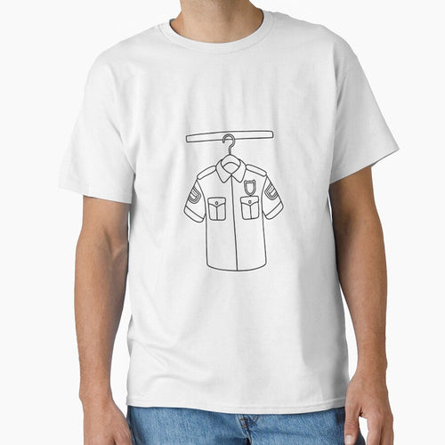 A police outfit hung up on a wooden hanger by rasagamastore